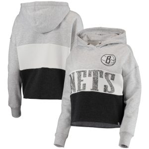 '47 Brooklyn Nets Women's Heathered Gray/Heathered Black Lizzy Cutoff Pullover Fabulous Hoodie