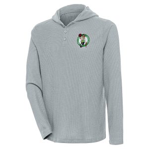 Antigua Boston Celtics Gray Strong Hold Long Sleeve Unique Henley Hoodie T Shirt