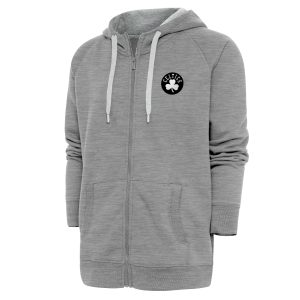 Antigua Boston Celtics Heather Gray Metallic Logo Victory Raglan Full Zip Stylish Hoodie