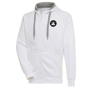 Antigua Boston Celtics White Metallic Logo Victory Stylish Raglan Full Zip Hoodie