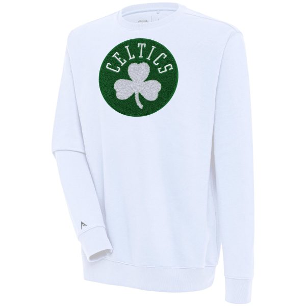 Antigua Boston Celtics White Victory Trendy Crewneck Pullover Sweatshirt