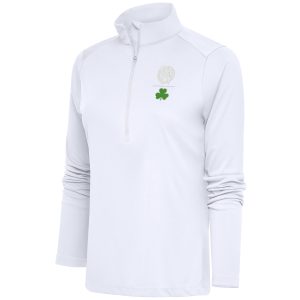 Antigua Boston Celtics Women's White Shamrock Tribute Half Premium Zip Pullover Top