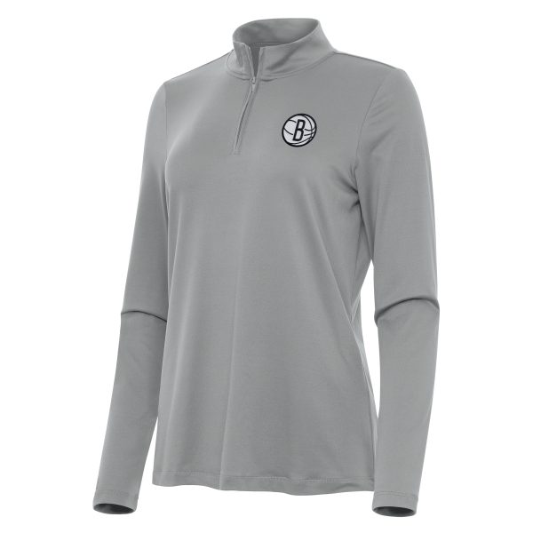 Antigua Brooklyn Nets Elegant Women's Gray Reprocess Quarter Zip Top