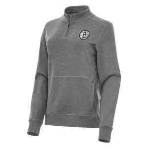 Antigua Brooklyn Nets Eye - catching Women's Heather Black Crush Quarter Zip Fleece Sweatshirt