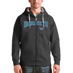 Antigua Elegant Charlotte Hornets Charcoal Victory Full Zip Hoodie