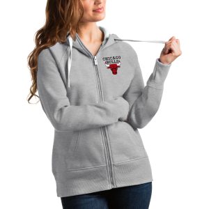 Antigua Chicago Bulls Women's Chic Heathered Gray Victory Full Zip Hoodie