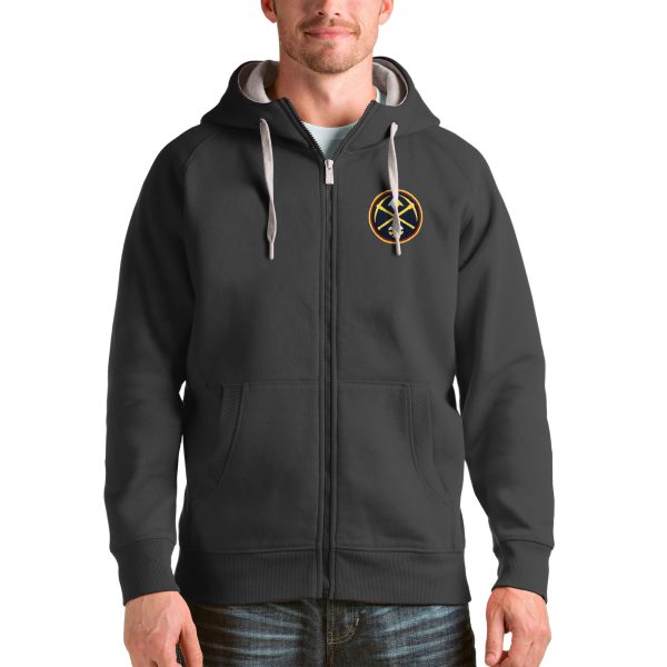 Antigua Denver Nuggets Charcoal Logo Victory Full Premium Zip Hoodie