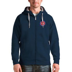 Antigua Detroit Pistons Navy Logo Victory Full Zip Hoodie Premium