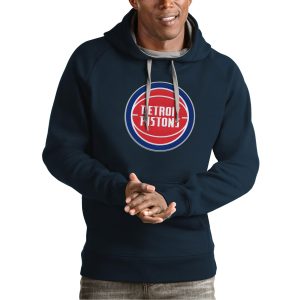 Antigua Detroit Pistons Navy Fabulous Team Logo Victory Pullover Hoodie