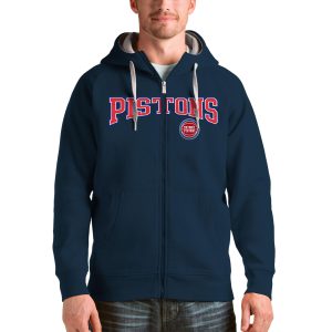 Antigua Detroit Pistons Navy Victory Full Zip Premium Hoodie
