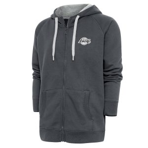 Antigua Unique Los Angeles Lakers Charcoal Metallic Logo Victory Raglan Full Zip Hoodie