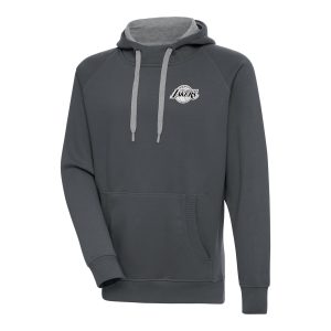 Antigua Trendy Los Angeles Lakers Charcoal Metallic Logo Victory Raglan Pullover Hoodie
