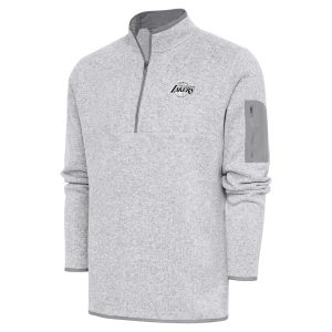 Antigua Los Angeles Lakers Heather Gray Metallic Logo Fortune Premium Quarter Zip Jacket