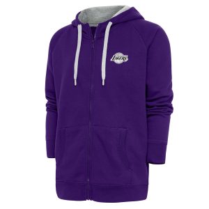 Antigua Los Angeles Lakers Purple Metallic Logo Victory Unique Raglan Full Zip Hoodie
