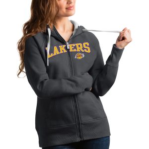 Antigua Los Angeles Lakers Women's Charcoal Team Victory Full Chic Zip Hoodie