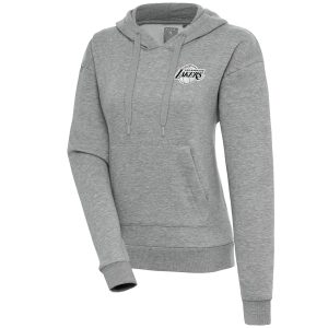 Antigua Los Angeles Lakers Women's Heather Stylish Gray Brushed Metallic Victory Pullover Hoodie