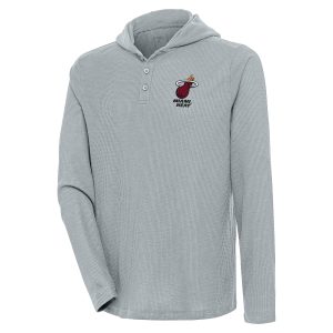 Antigua Miami Heat Gray Strong Gorgeous Hold Long Sleeve Henley Hoodie T Shirt
