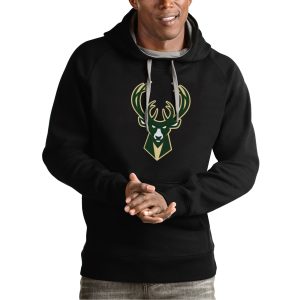 Antigua Milwaukee Bucks Unique Black Team Logo Victory Pullover Hoodie