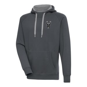 Antigua Milwaukee Bucks Charcoal Metallic Logo Victory Raglan Stylish Pullover Hoodie