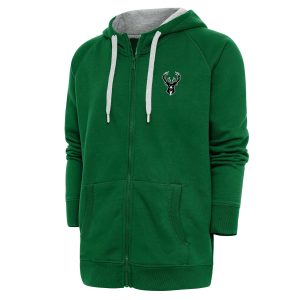 Antigua Eye - catching Milwaukee Bucks Hunter Green Metallic Logo Victory Raglan Full Zip Hoodie