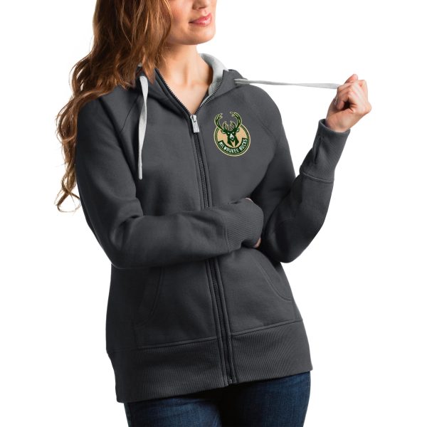 Antigua Milwaukee Bucks Women's Charcoal Victory Full Zip Hoodie Trendy