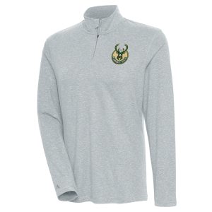 Antigua Stylish Milwaukee Bucks Women's Heather Gray Confront Quarter Zip Pullover Top