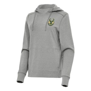 Antigua Milwaukee Bucks Trendy Women's Heather Gray Justice Pullover Hoodie
