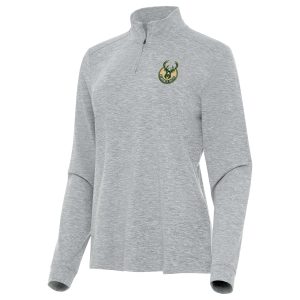 Antigua Milwaukee Bucks Women's Heather Gray Mentor Quarter Zip Mock Trendy Long Sleeve Top