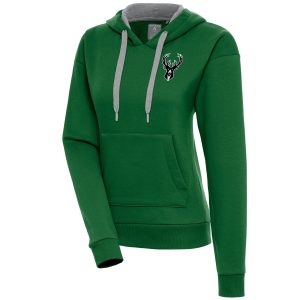 Antigua Milwaukee Bucks Women's Hunter Green Brushed Premium Metallic Victory Pullover Hoodie