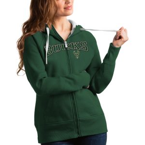 Antigua Milwaukee Bucks Women's Hunter Green Gorgeous Team Victory Full Zip Hoodie