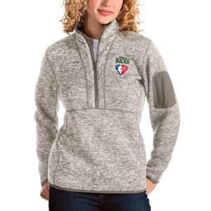 Antigua Milwaukee Bucks Women's Tan NBA Unique 75th Anniversary Fortune Quarter Zip Pullover Jacket