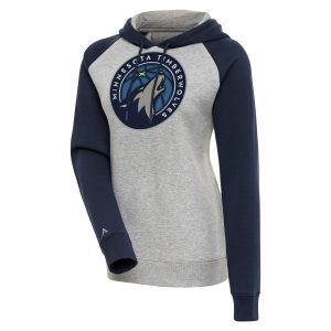 Antigua Minnesota Timberwolves Women's Heather Gray/Navy Victory Raglan Sleeve Chic Pullover Hoodie