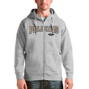 Antigua New Orleans Elegant Pelicans Heathered Gray Victory Full Zip Hoodie