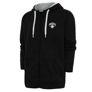 Antigua New York Knicks Black Metallic Premium Logo Victory Raglan Full Zip Hoodie