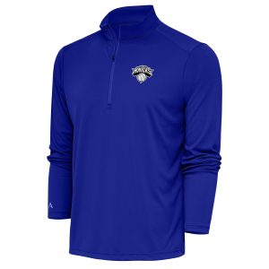 Antigua New York Fabulous Knicks Blue Metallic Logo Tribute Quarter Zip Top