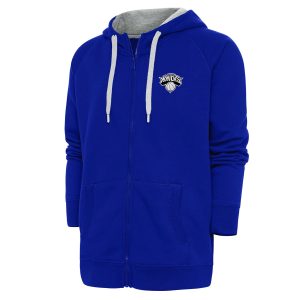 Antigua New York Knicks Blue Metallic Logo Victory Raglan Full Zip Fabulous Hoodie