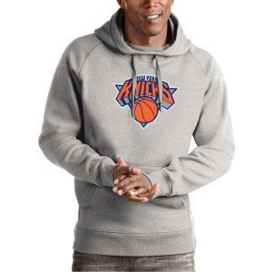 Antigua New York Knicks Elegant Heather Gray Team Logo Victory Pullover Hoodie