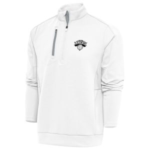 Antigua New York Knicks White Metallic Logo Generation Quarter Zip Chic Top
