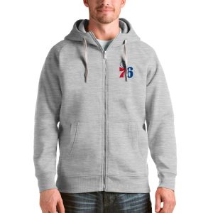 Antigua Philadelphia 76ers Unique Heathered Gray Logo Victory Full Zip Hoodie