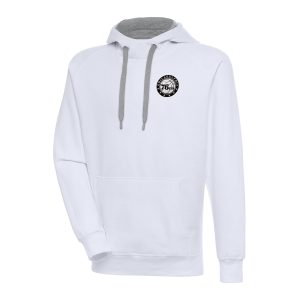 Antigua Philadelphia 76ers White Metallic Trendy Logo Victory Pullover Hoodie