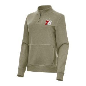 Antigua Chic Philadelphia 76ers Women's Olive Crush Quarter Zip Fleece Sweatshirt