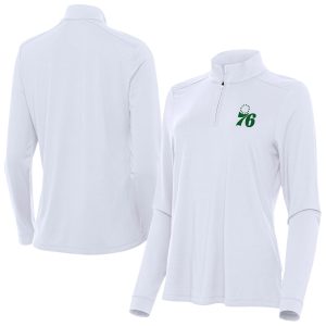 Antigua Philadelphia 76ers Women's White Fabulous St. Patrick's Day Intent Quarter Zip Top