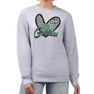 Boston Celtics G III 4Her by Carl Banks Heather Gray Women's GIII 4 Stylish Her Leopard Heart graphic Fleece Crewneck sweatshirt