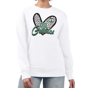 Boston Celtics G III 4Her by Carl Banks White Women's GIII 4 Her Leopard Heart Chic graphic Fleece Crewneck sweatshirt