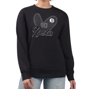 Brooklyn Nets G III 4Her by Carl Banks Black Women's GIII Stylish 4 Her Leopard Heart graphic Fleece Crewneck sweatshirt