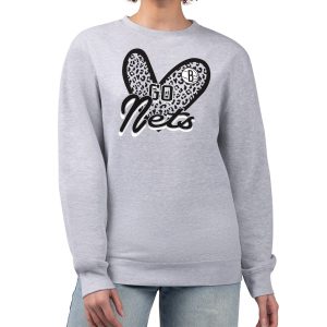 Brooklyn Nets G III 4Her by Carl Banks Heather Gray Women's GIII Trendy 4 Her Leopard Heart graphic Fleece Crewneck sweatshirt