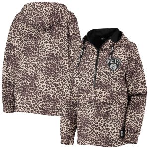 DKNY Sport Brooklyn Nets Women's Leopard Trendy Gabriella Windbreaker Half Zip Hoodie