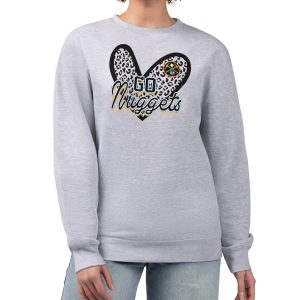 Denver Nuggets Elegant G III 4Her by Carl Banks Heather Gray Women's GIII 4 Her Leopard Heart graphic Fleece Crewneck sweatshirt
