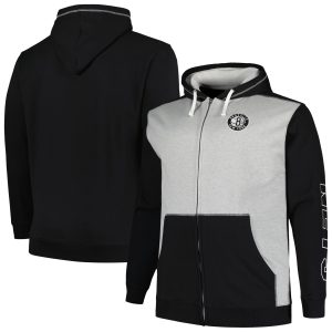 Fanatics Brooklyn Nets Black/Heather Gray Brooklyn Elegant Nets Big & Tall Contrast Pieced Stitched Full Zip Hoodie