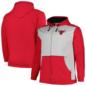 Fanatics Chicago Bulls Red/Heather Gray Premium Chicago Bulls Big & Tall Contrast Pieced Stitched Full Zip Hoodie
